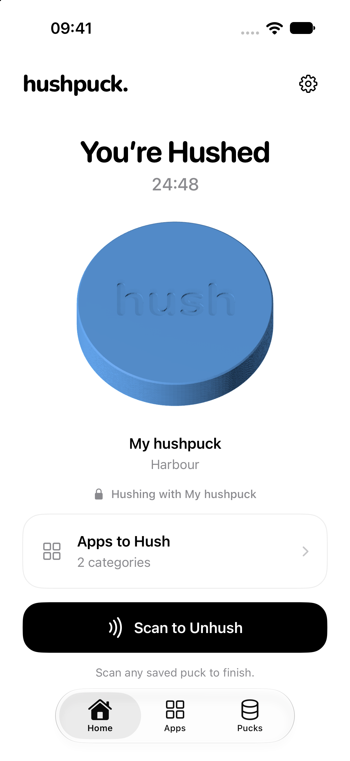 The hushpuck iPhone app during an active Hush session, with the Scan to Unhush button.